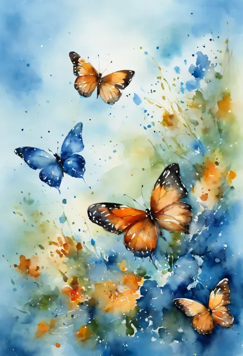 Blue sky with butterflies in watercolor style, splashes