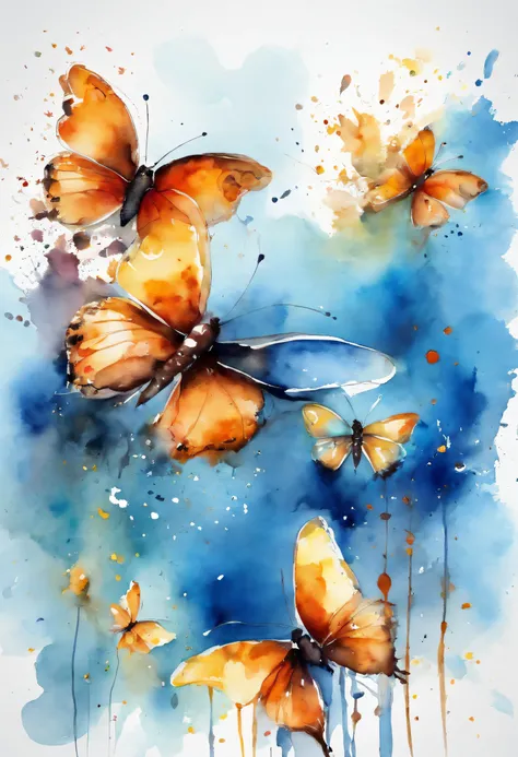 Blue sky with butterflies in watercolor style, splashes