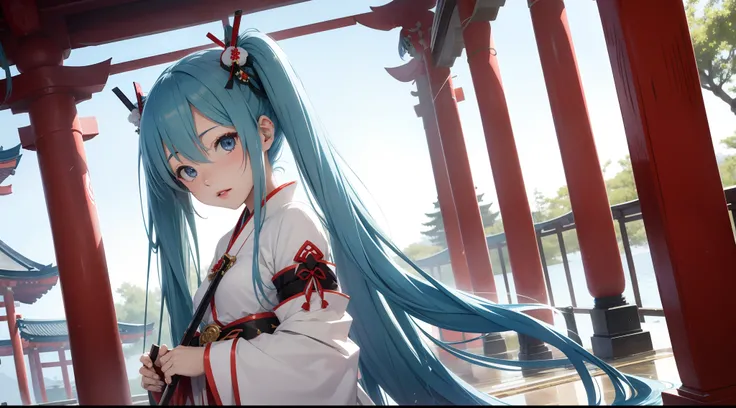 Hatsune miku, shrine, miko, priestess ((traditional from Japan)) , blue eyes , blue hair , red lips , beautiful girl , 1girl , holding ceremonial staff