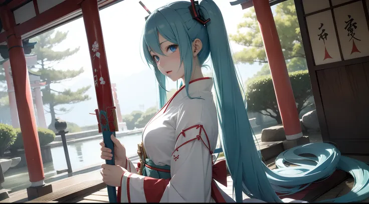 Hatsune miku, shrine, miko, priestess ((traditional from Japan)) , blue eyes , blue hair , red lips , beautiful girl , 1girl , holding ceremonial staff