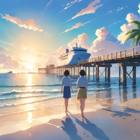 (best quality,4k,highres,masterpiece:1.2),medium:illustration,beach scenery,3m wide and 6m long,container ship sailing on the sea,prominent characters of 3 young men wearing work clothes,stunning beach landscape,beautiful azure blue ocean,crystal-clear wat...