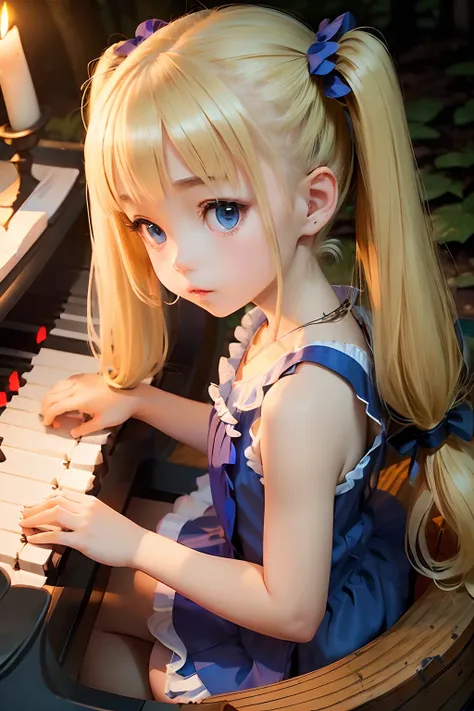 (((Petite girl with blonde twin tails))),(Oversized blue sleeveless dress),1girl in,(masutepiece), (Best Quality), (Best Detail),, (((playing piano))), Very detailed face, , Night , shading ,(((in woods))),(((Candlelight))),(((Angle from top))),((Kamimei))...