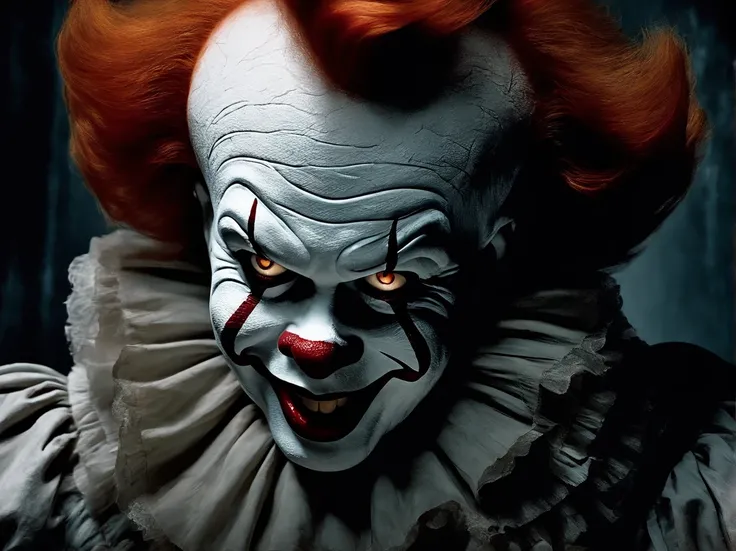 Craft a digital painting that emphasizes the eerie charm of Pennywise the Clown from Stephen Kings "IT." Focus on capturing his iconic, malevolent grin, which conceals the darkness lurking beneath. Use a sinister color palette and shadowy lighting to creat...