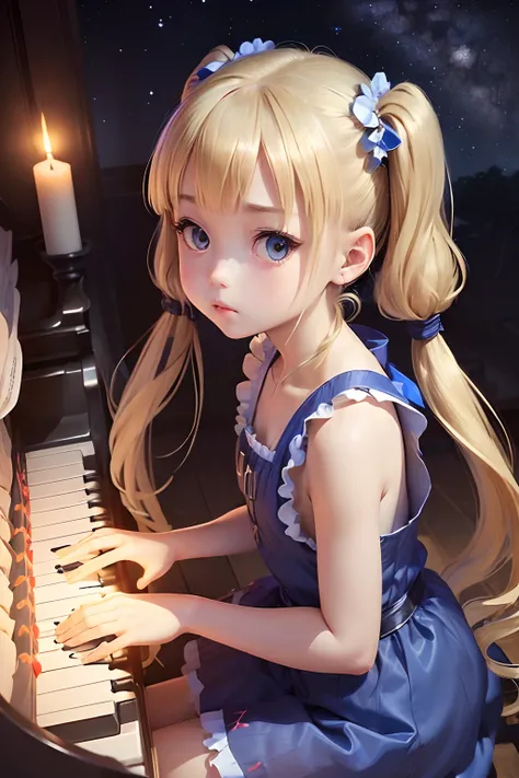 (((Petite girl with blonde twin tails))),(Oversized blue sleeveless dress),1girl in,(masutepiece), (Best Quality), (Best Detail),, (((playing piano))), Very detailed face, , Night , shading ,(((kosmos))),(((Candlelight))),(((Angle from top))),((Kamimei))),...