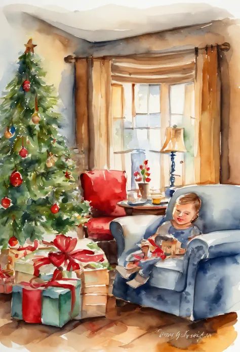 Family Christmas, sala de estar, presentes, aquarela, splashes