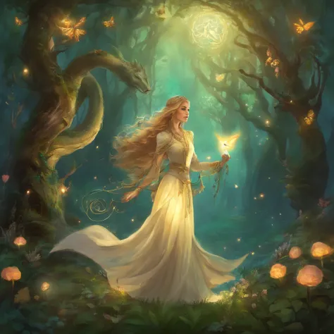 Full body pretty woman dark blonde, pale, green eyes in villager attire. She is  picking up a glowing flowers in a dark magical forest. The flower glows silver/ blue and casts lights around the Forrest. Giant snake eyes peaking through the dark. 4k, fantas...