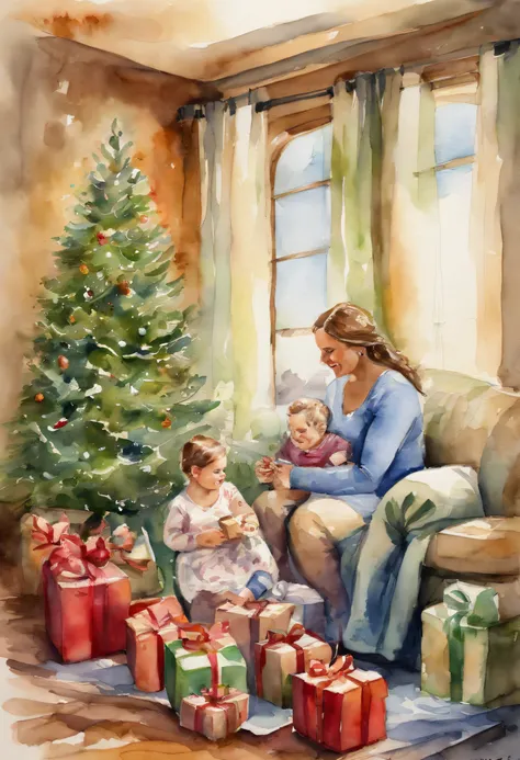 Family Christmas, mother, sala de estar, presentes, aquarela, splashes