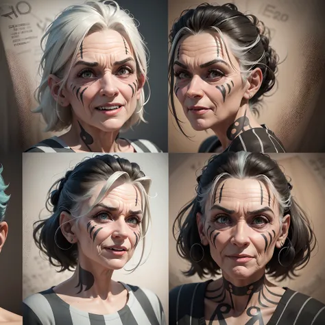 3D Pixar Style Animated Character Design, Different Facial Expressions of 80 Year Old Female Prison Wearing Striped Prison Clothes with Number Patch, Arm Tattoo, Character Sheet, Panache, Realistic 3D Rendering, High Definition Texture, Dramatic Lighting, ...