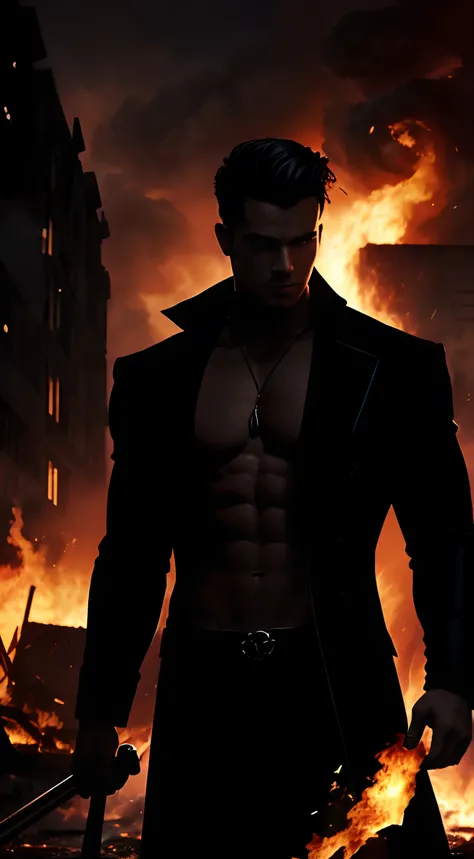 imaginar: closeup of a silhouette of a shirtless young villain, in black pants and black overcoat, his body imbued with fire and dark mist. Ao fundo, They have the destruction of a city and a dark black mist surrounding the place, Fire on the Ground.