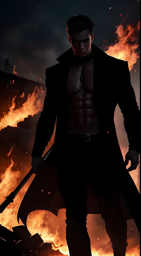 imaginar: closeup of a silhouette of a shirtless young villain, in black pants and black overcoat, his body imbued with fire and dark mist. Ao fundo, They have the destruction of a city and a dark black mist surrounding the place, Fire on the Ground.