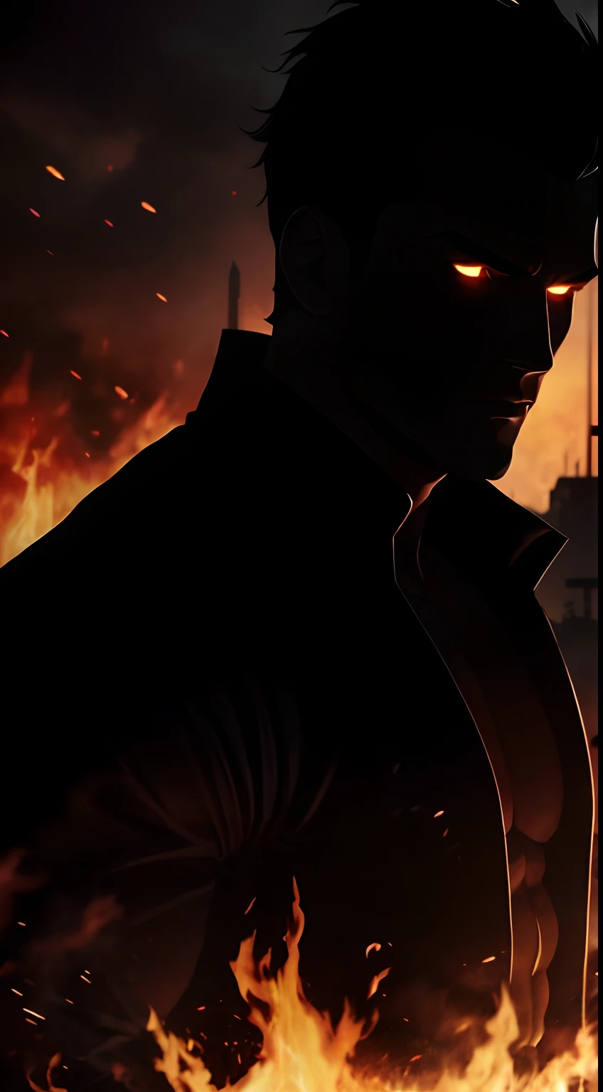 imaginar: closeup of a silhouette of a shirtless young villain, in black pants and black overcoat, his body imbued with fire and dark mist. Ao fundo, They have the destruction of a city and a dark black mist surrounding the place, Fire on the Ground.