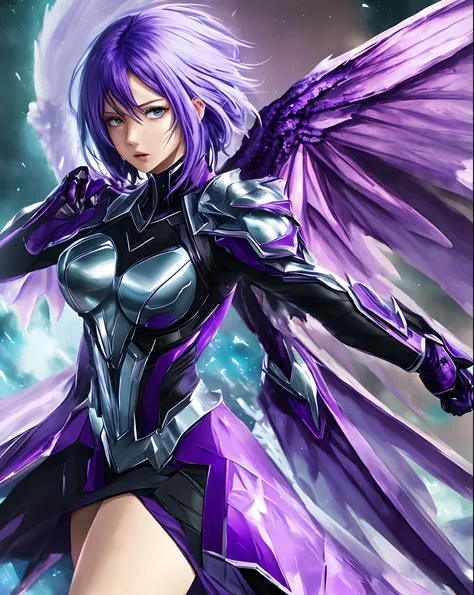 masterpiece))), (((best quality))), ((ultra-detailed)), (anime), woman, superhero, white, has dragon wings, black and purple suit, blue hair, purple skirt, purple gloves, purple superhero mask, full body