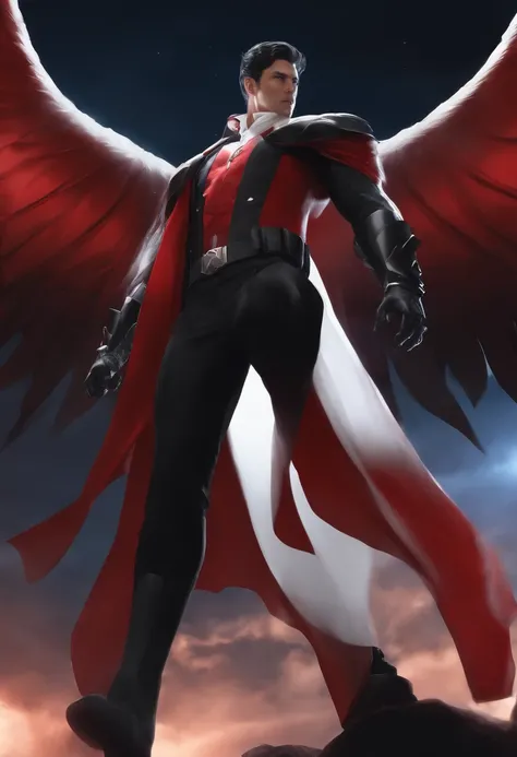 White man, superhero, anime, black hair, red suit, wyvern wings, red gloves, black boots