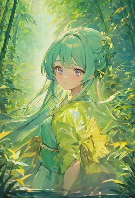 (best quality,8k,highres,masterpiece:1.2),ultra-detailed,(realistic,photorealistic,photo-realistic:1.37),official art,illustration,1 girl,long hair,azure hair,detailed eyes,soft smile,bare shoulders,hanfu,forrest,lakes,pure,bamboo,Tea