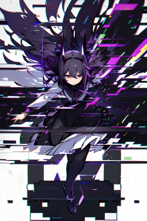 ghostrickscb,glitching, glitch,4k, vintage vhs glitch,white black gradient background,homura akemi, black dress, black angel win...