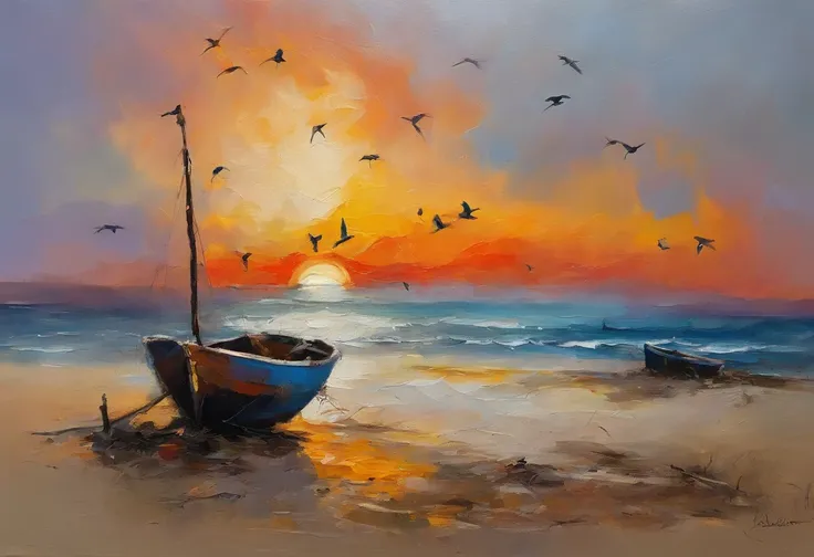 A broken boat on a dirt beach with a fisherman behind it carrying a group of fish at sunset and seagulls flying on the horizon