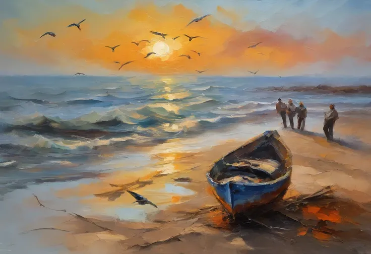 A broken boat on a dirt beach with a fisherman behind it carrying a group of fish at sunset and seagulls flying on the horizon