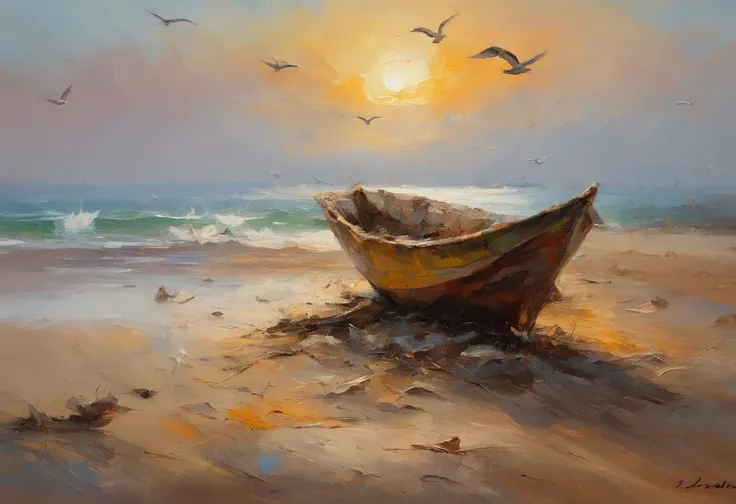 A broken boat on a dirt beach with a fisherman behind it carrying a group of fish at sunset and seagulls flying on the horizon