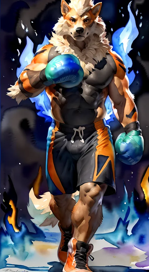 anthro Arcanine, standing towards camera, wearing boxing gloves, (walking towards camera:1.2), 4k, high resolution, best quality, posted on e621, (solo:1.2), anthro body, male, (mane:1.1), adult, masculine, (very muscular, heavyweight:1.3), correct anatomy...