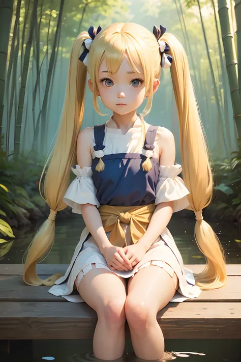 masutepiece, Best Quality, Official art, 8K Wallpaper, Very detailed, Illustration, 1 girl, sky blue hair, Long hair, Detailed eyes, Forrest Gump, Bare shoulders, Hanfu, lake, pure, Soft smile, Bamboo, tee,(((Petite girl with blonde twin tails)))