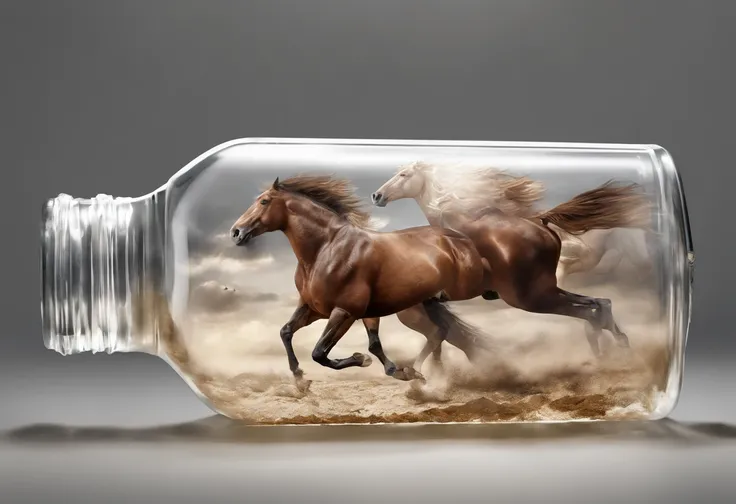 Horses flying inside a bottle decorated with Arabic letters