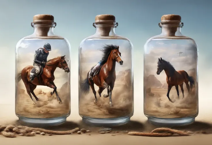 Horses flying inside a bottle decorated with Arabic letters