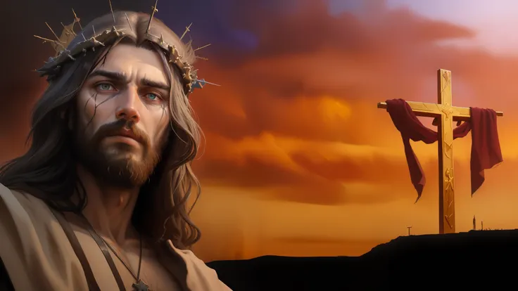 Jesus with a crown of thorns on his head and a cross in the background, jesus of nazareth, Jesus Cristo, Retrato de Jesus Cristo, Jesus, O Senhor e Salvador, Rei dos Reis, rosto de Jesus, coroa de espinhos, Directed by: John OGorman, Jesus Gigachade, pinta...