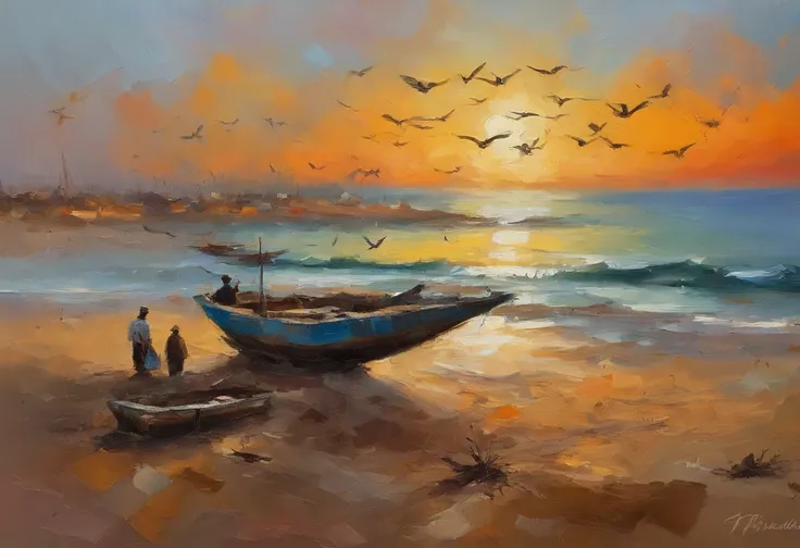 A broken boat on a dirt beach behind an Arab fisherman carrying a group of fish at sunset and seagulls flying on the horizon