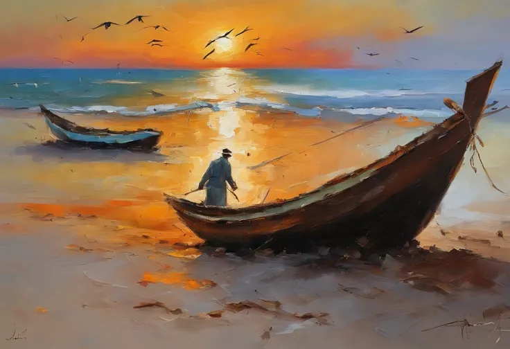 A broken boat on a dirt beach behind an Arab fisherman carrying a group of fish at sunset and seagulls flying on the horizon