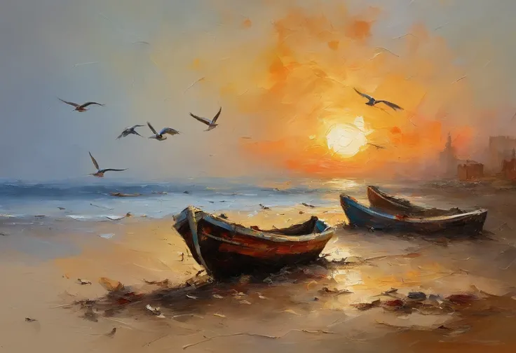 A broken boat on a dirt beach behind an Arab fisherman carrying a group of fish at sunset and seagulls flying on the horizon