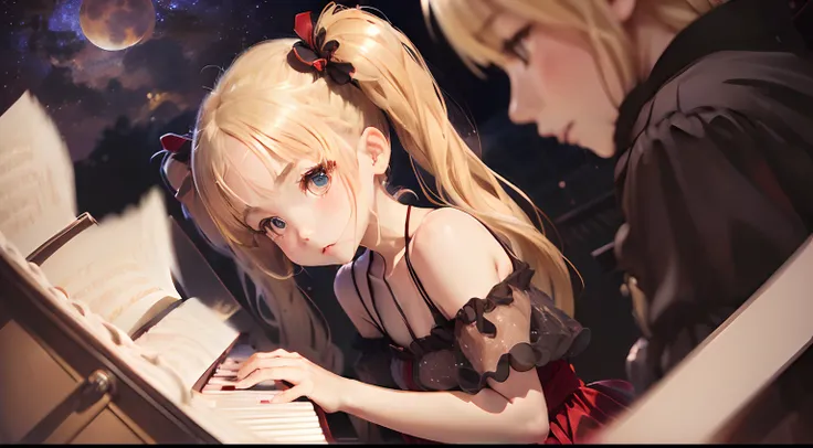 (((Petite girl with blonde twin tails))),(Oversized crimson off-the-shoulder dress),1girl in,(masutepiece), (Best Quality), (Best Detail),, (((playing piano))), Very detailed face, , Night , shading ,(((kosmos))),(((see -through))),(((Angle from top))),((K...