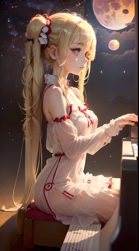 (((Petite girl with blonde twin tails))),(Oversized crimson off-the-shoulder dress),1girl in,(masutepiece), (Best Quality), (Best Detail),, (((playing piano))), Very detailed face, , Night , shading ,(((kosmos))),(((see -through))),(((Angle from top))),((K...