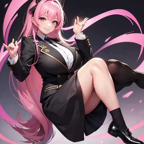 15yo girl、a smile、huge tit、Excellent style、top-quality、a beauty girl，Black Uniform，blazers，beautiful  Girl，超A high resolution、Pink hair，Long，Loose Socks，Perfect facial features，