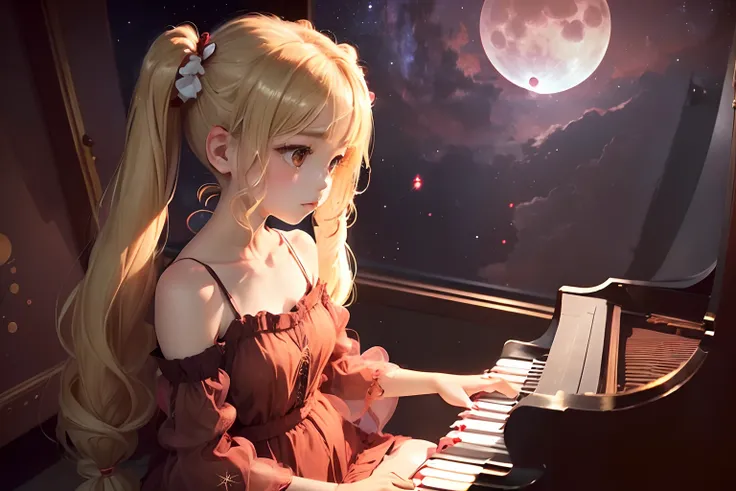 (((Petite girl with blonde twin tails))),(Oversized crimson off-the-shoulder dress),1girl in,(masutepiece), (Best Quality), (Best Detail),, (((playing piano))), Very detailed face, , Night , shading ,(((kosmos))),(((see -through))),(((Angle from top))),((K...