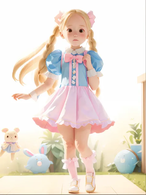 blond haired woman in a blue dress and pink skirt with a teddy bear, belle delphine, ultrarealistic sweet bunny girl, high quality costume, anime girl cosplay, loli, cute fumo plush bunny girl, pale milky white porcelain skin, ball jointed doll, alice from...