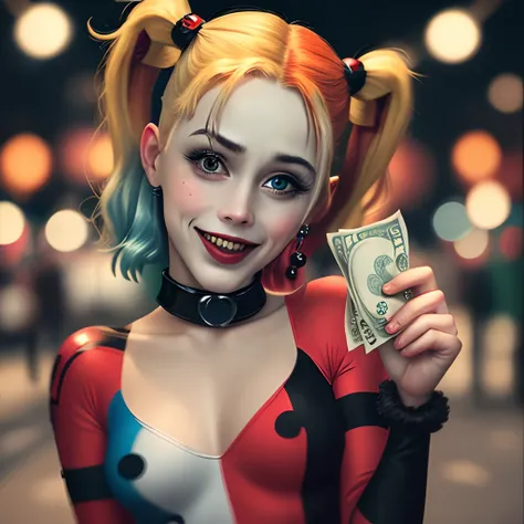 Harley Quinn spreading money in her hand