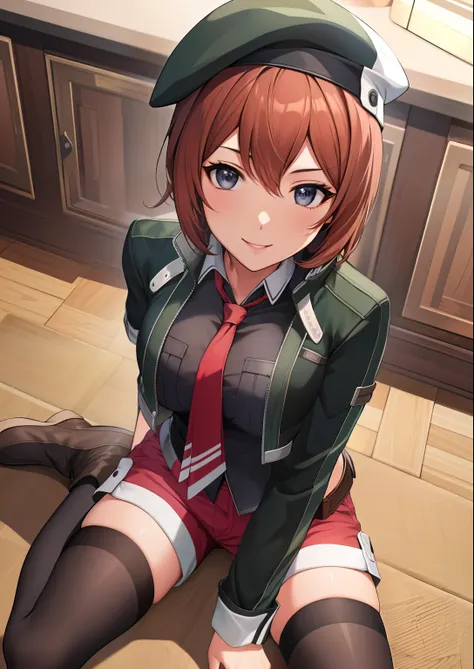 ​masterpiece, top-quality, noel seeker, beret, green jacket, black shirt, neck tie, red shorts, black thighhighs, long boots, sm...