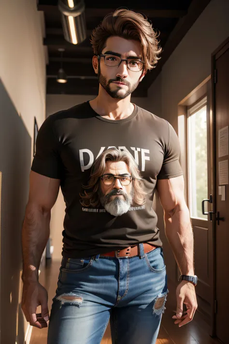 obra-prima, Man with light brown eyes without glasses, cabelos castanho escuro com barba media, com uma t-shirt lisa e com um logotipo a dizer "Marques Motorcicly" e botas pretas, with jeans , nerd, studio illumination, estilo cartoon, chibi, correndo, fun...