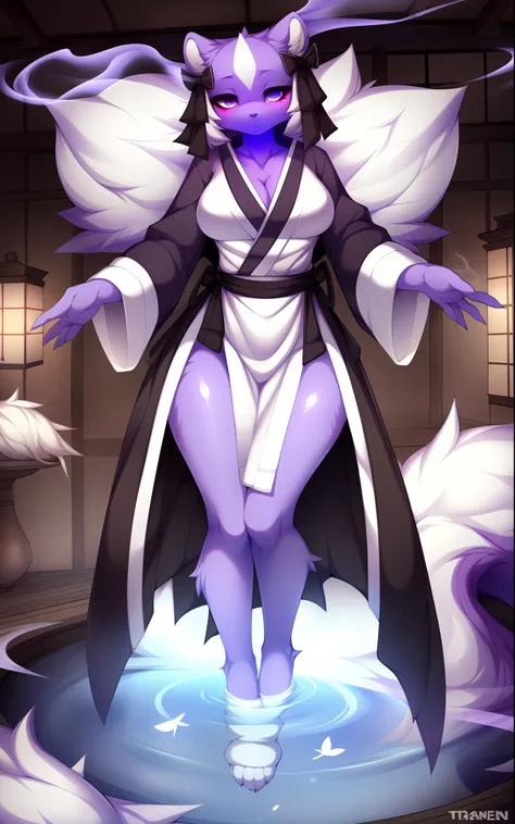 Shikabane, cute purple skunk girl, white eyes, floating, in a Japanese manor, wearing revealing white robes, yokai designs, jitome, ghostly white eyes, ghostly smoke surrounded her, by teranen, by freeedon, tall slender body