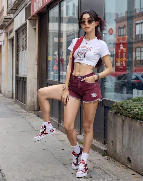 Mujer con camisa blanca y falda roja a cuadros de pie frente a un edificio, pelo con colas en la cabeza , cuerpo musculoso y atletico, falda a cuadros, usar falda y calcetines altos, pose casual, Ella lleva ropa de calle, Estilo Y2K, Y estilo 2K, Imagen de...