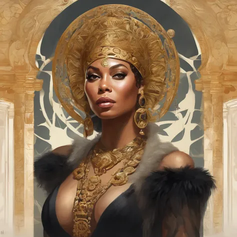 A painting of Beyoncé with a golden headdress and a black dress, Mucha Klimt e Tom Bagshaw, Bel arte UHD 4K, Arte digital altamente detalhada em 4k, exquisite digital illustration, WLOP complexo, Arte Nova! Cyberpunk! Estilo, Arte digital detalhada em 4k, ...