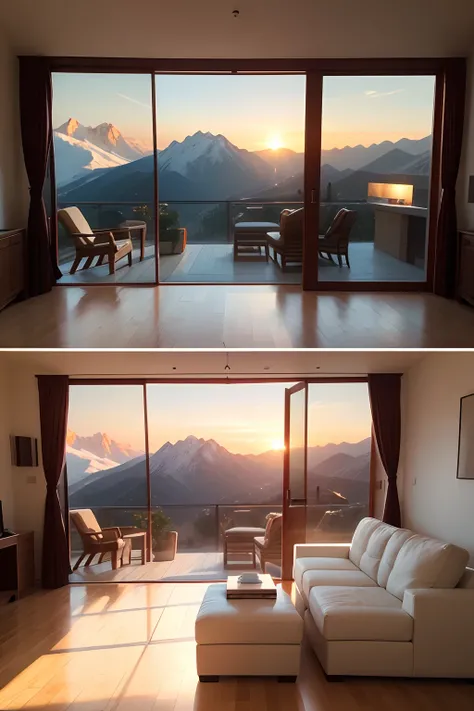 Obra maestra, highest qualityr, La mejor calidad, interior de casa, tonos blancos, con sofas blancos, cogines amarillos, stained glass views of the mountains, Amazing sunset.