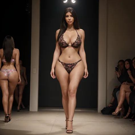 A Realistic photo of a kim kardashian runway show, walking towards camera, wearing dark floral bikini and bra, wearing heels, photo taken from distance (realistic skin:1.3), (textured skin:1.3), (perfect large breasts:1.2), (perfect teeth), amateur Photogr...