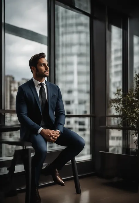 A very handsome man, 29 years old, dark brown hair, Italian origin, wears suit, stands alone, pensive, inside a large, elegant and modern office room, looking out the window, the buildings in the city by day