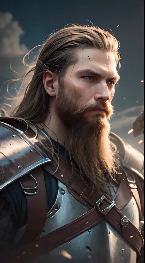 photograph  of a viking warrior with dirt in his face, broad shoulders, armor, heroic, beard, pronounced cheekbones, cloudy, masterpiece, best quality, high quality, 4K, trending, hard ring light, 50mm