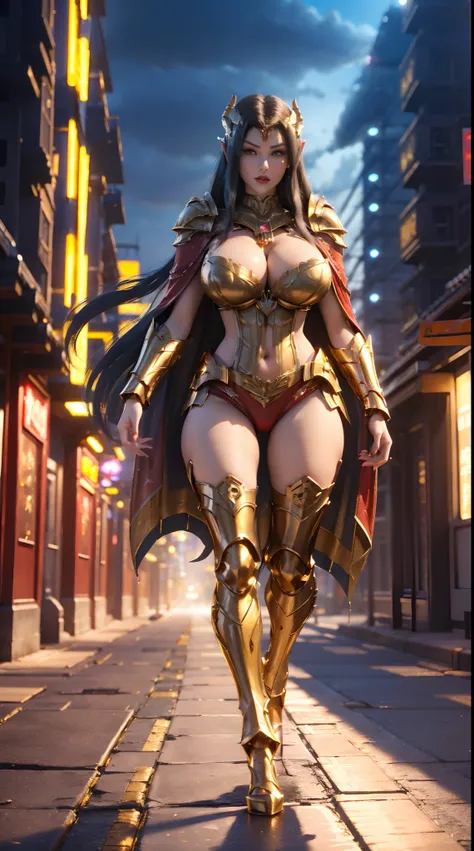 1GIRL, SOLO, (dark hair, hair gold ornament), (HUGE FAKE BOOBS:1.3), (red, sea blue, gold, FUTURISTIC BAHAMUT DRAGON MECHA ARMOR, ROYAL CAPE, CLEAVAGE, SKINTIGHT YOGA HOTPANTS, HIGH HEELS:1.5), (NSFW GLAMOROUS BODY, SEXY LONG LEGS, FULL BODY:1.3), (FROM FR...