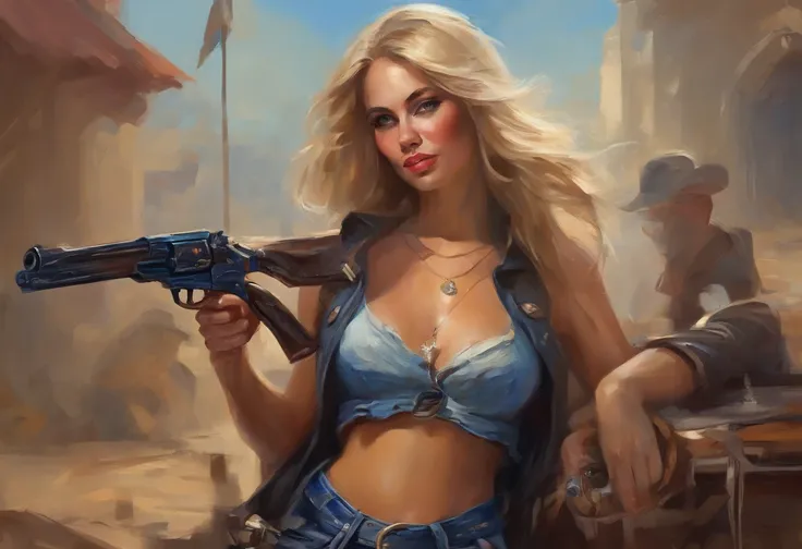 1女孩, 巨作, Macros Delta Splash Art,  Best Quality, white tank top, midriff, Cropped blue jeans, small breasts, Cowboy has, Holster gun on hip, Highly detailed gun, Realistic gun, Colt Peacemaker at hand, Gun aiming forward, Sheraton Sherif, Bullets on a belt...