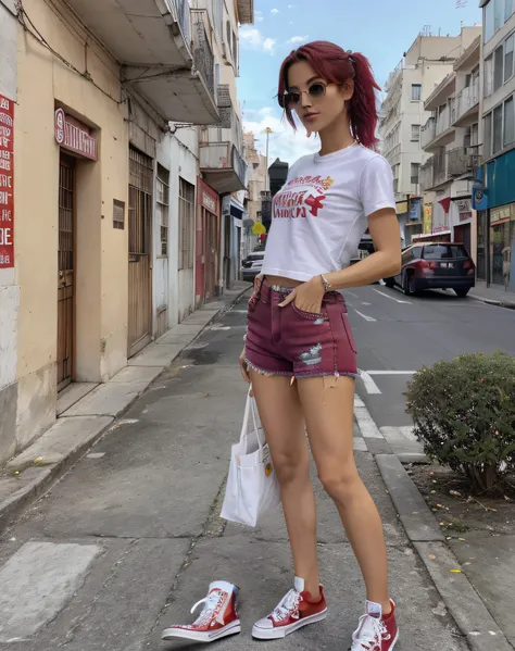 Mujer con camisa blanca y falda roja a cuadros de pie frente a un edificio, pelo con colas en la cabeza , cuerpo musculoso y atletico, falda a cuadros, usar falda y calcetines altos, pose casual, Ella lleva ropa de calle, Estilo Y2K, Y estilo 2K, Imagen de...