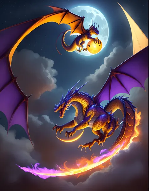 Yellow Dragon , with glowing blue eyes with yellow scales ,emits a blue fire . Flying across the bright purple sky ,With a round orange moon and glowing stars made of flowers .