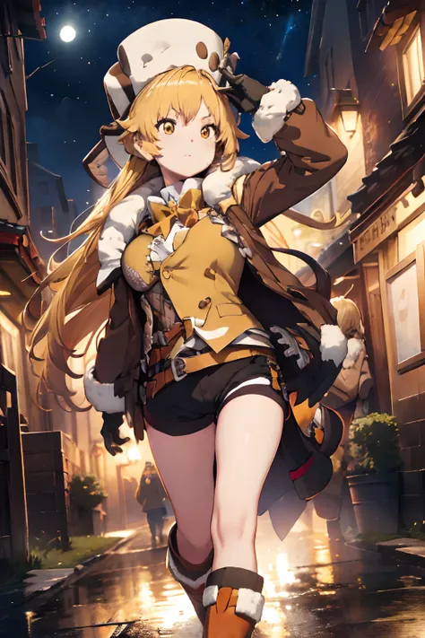 masterpiece, best quality, ((hook)), blonde hair, (yellow hair), gloves, yellow eyes, boots, 1girl, (fur trim), (jacket), bangs,...